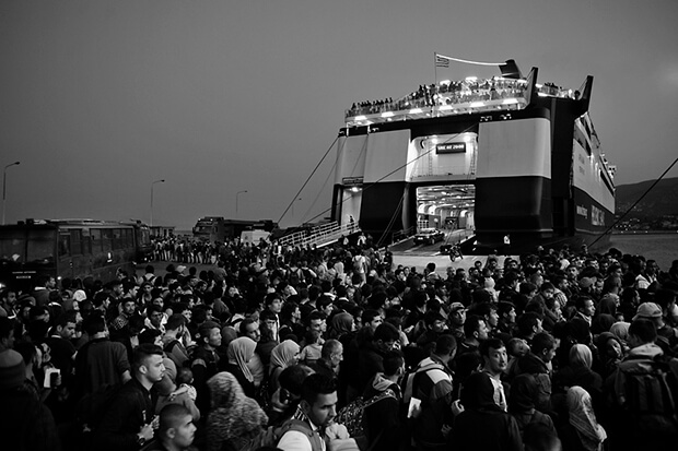 Thousands of refugees gather at the port to enter the ferry to Athens. Afghan and Syrian refugees who successfully entered Europe by the sea from Turkey to Lesvos, Greece, continue their journey. A majority of them is trying to find refuge in Germany.